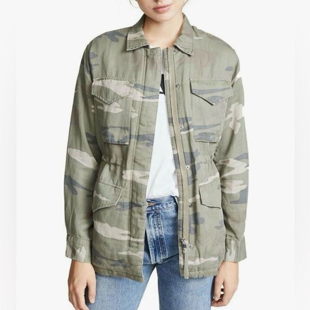 Rails Whitaker Sage Green Camo Jacket XS Faux Fur Linen Blend Zip Up Boho Casual